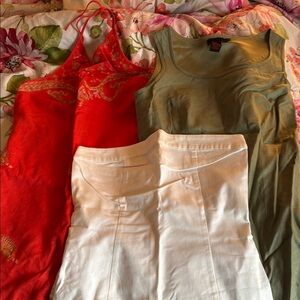 Orange Embroidered Dress, Green Tank Top, and White Dresses